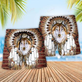 Native American Wolf Feather Headdress Beach Short | Newhawaiianshirts AU