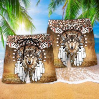 Native Wolf King Feather Style Beach Short | Newhawaiianshirts AU