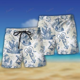 Ocean Life Vintage Sailboat Sea Monster Geographical Maps Beach Short | Newhawaiianshirts UK