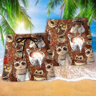 Owl Love Coffee Brown Style Beach Short | Newhawaiianshirts AU