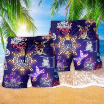 Pirate Work Like A Captain Party Like A Pirate Neon Light Beach Short | Newhawaiianshirts AU