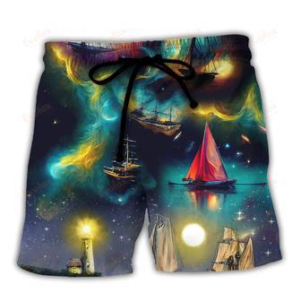 Sailing Travel In Space On An Old Sailing Ship Beach Short | Newhawaiianshirts