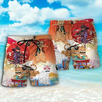 Samurai Cat Funny Art Japanese Beach Short | Newhawaiianshirts AU