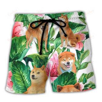 Shiba Inu Tropical Leaf Floral Style Beach Short | Newhawaiianshirts AU