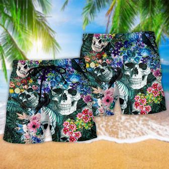 Skull Love Flowers Smile Happy Blue Beach Short | Newhawaiianshirts DE