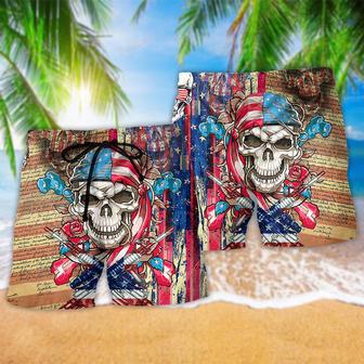 Skull Patriotic Flower America Beach Short | Newhawaiianshirts CA