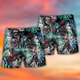 Skull Tropical White Smoke Red Flower Beach Short | Newhawaiianshirts DE