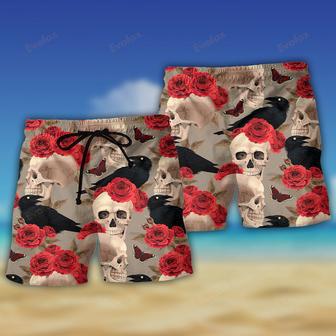 Skull With Rose Flower And Raven Gothic Style Beach Short | Newhawaiianshirts DE