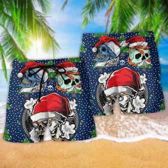 Skull With Santa Hat Merry Christmas Cool Beach Short | Newhawaiianshirts DE