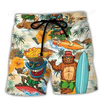 Surfing Funny Bear And Tiki Ride The Wave Follow The Sun Lovers Surfing Beach Short | Newhawaiianshirts CA