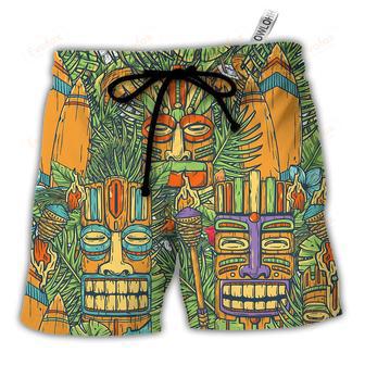 Tiki Mask Tropical Hawaii Sur Board And Palm Leaves Beach Short | Newhawaiianshirts DE