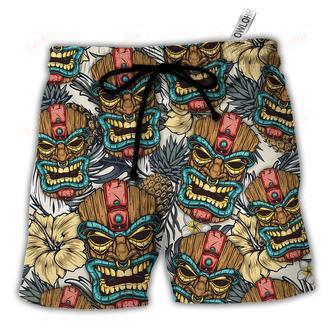 Tiki Tribal Mask With Tropical Leaves Beach Short | Newhawaiianshirts UK