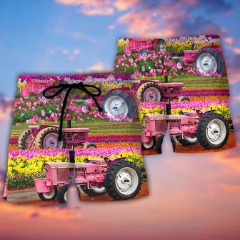 Tractor In Field Tulip Rural Landscape Majestically Beach Short | Newhawaiianshirts CA