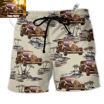 Vintage Car Deserted Island Pattern With Palm Trees Custom Photo Beach Short | Newhawaiianshirts AU