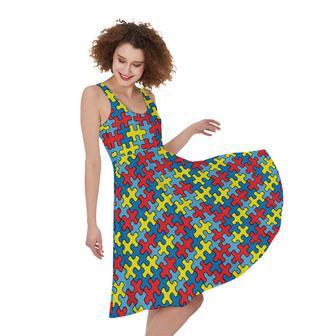 Autism Awareness Puzzle Print Sleeveless Knee Length Dress | Newhawaiianshirts