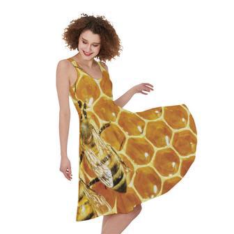 Bees And Honeycomb Print Sleeveless Knee Length Dress | Newhawaiianshirts AU