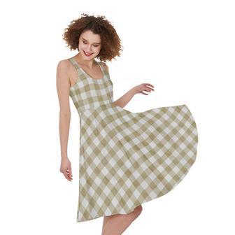 Beige And White Gingham Pattern Print Sleeveless Knee Length Dress | Newhawaiianshirts CA