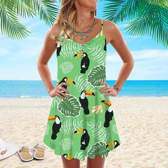 Birds Tropical Exotic With Palm Leaves Pattern Spaghetti Strap Summer Dress | Newhawaiianshirts DE