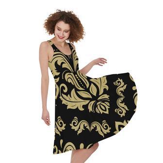 Black And Beige Damask Pattern Print Sleeveless Knee Length Dress | Newhawaiianshirts AU