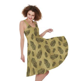 Black And Gold Feather Pattern Print Sleeveless Knee Length Dress | Newhawaiianshirts