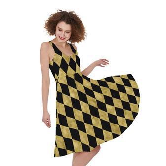 Black And Gold Harlequin Pattern Print Sleeveless Knee Length Dress | Newhawaiianshirts