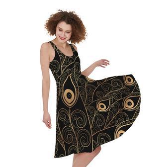 Black And Gold Peacock Feather Print Sleeveless Knee Length Dress | Newhawaiianshirts DE