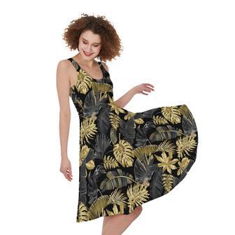 Black And Gold Tropical Pattern Print Sleeveless Knee Length Dress | Newhawaiianshirts UK