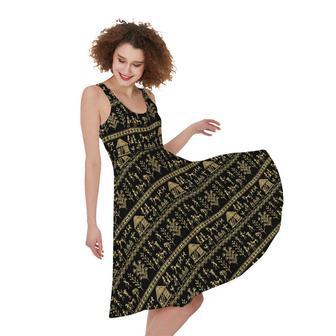 Black And Gold Warli Pattern Print Sleeveless Knee Length Dress | Newhawaiianshirts