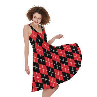 Black And Red Argyle Pattern Print Sleeveless Knee Length Dress | Newhawaiianshirts