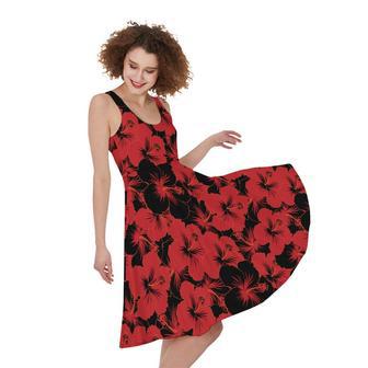 Black And Red Hibiscus Pattern Print Sleeveless Knee Length Dress | Newhawaiianshirts AU