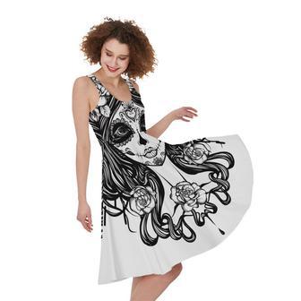 Black And White Calavera Girl Print Sleeveless Knee Length Dress | Newhawaiianshirts DE