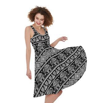 Black And White Indian Elephant Print Sleeveless Knee Length Dress | Newhawaiianshirts UK