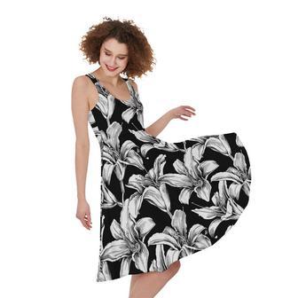 Black And White Lily Pattern Print Sleeveless Knee Length Dress | Newhawaiianshirts UK