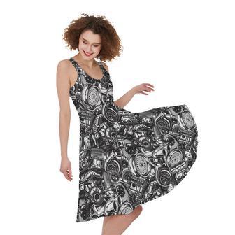 Black And White Mechanic Pattern Print Sleeveless Knee Length Dress | Newhawaiianshirts DE