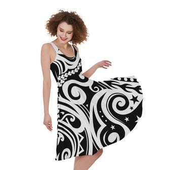 Black And White Polynesian Tattoo Print Sleeveless Knee Length Dress | Newhawaiianshirts DE