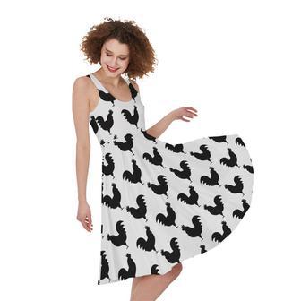 Black And White Rooster Pattern Print Sleeveless Knee Length Dress | Newhawaiianshirts