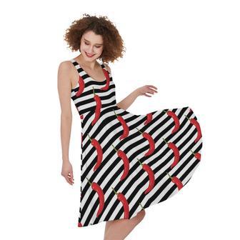 Black And White Striped Chili Print Sleeveless Knee Length Dress | Newhawaiianshirts UK