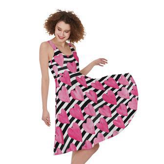 Black And White Striped Heart Print Sleeveless Knee Length Dress | Newhawaiianshirts UK