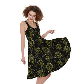 Black And Yellow Daffodil Pattern Print Sleeveless Knee Length Dress | Newhawaiianshirts UK