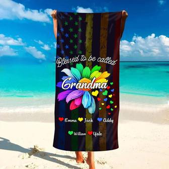 Blessed Mimi Rainbow Flower Us Flag Personalized Beach Towels Gift | Newhawaiianshirts DE