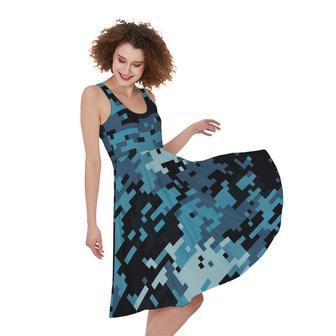 Blue And Black Digital Camo Print Sleeveless Knee Length Dress | Newhawaiianshirts CA