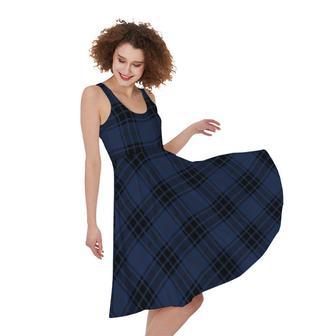 Blue And Black Tartan Pattern Print Sleeveless Knee Length Dress | Newhawaiianshirts DE