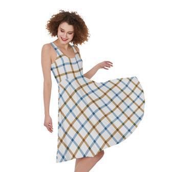 Blue And Brown Tattersall Pattern Print Sleeveless Knee Length Dress | Newhawaiianshirts