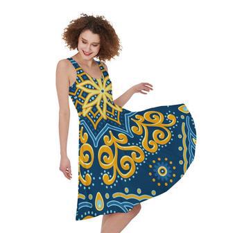 Blue And Gold Bohemian Mandala Print Sleeveless Knee Length Dress | Newhawaiianshirts CA