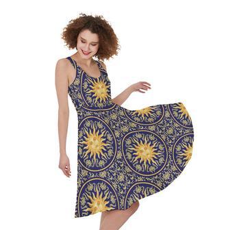 Blue And Gold Celestial Pattern Print Sleeveless Knee Length Dress | Newhawaiianshirts UK