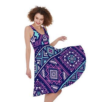 Blue And Pink Aztec Pattern Print Sleeveless Knee Length Dress | Newhawaiianshirts