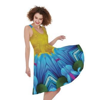 Blue And Pink Flowers Kaleidoscope Print Sleeveless Knee Length Dress | Newhawaiianshirts AU