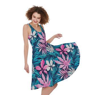 Blue And Pink Watercolor Hawaiian Print Sleeveless Knee Length Dress | Newhawaiianshirts UK