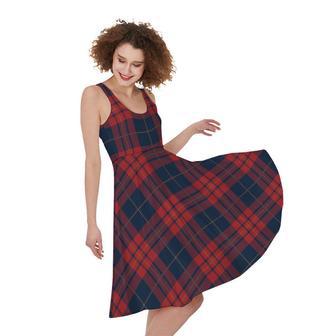 Blue And Red Tartan Pattern Print Sleeveless Knee Length Dress | Newhawaiianshirts UK