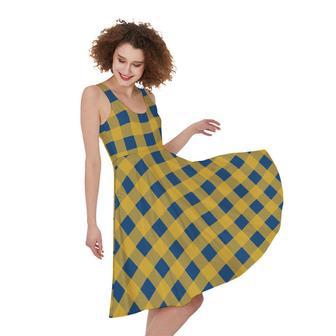 Blue And Yellow Buffalo Check Print Sleeveless Knee Length Dress | Newhawaiianshirts CA